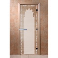 Дверь стеклянная DoorWood 900*2000 "Восточная Арка Сатин" стекло сатин матовый 8 мм, коробка ольха, ручка алюминий/дерево